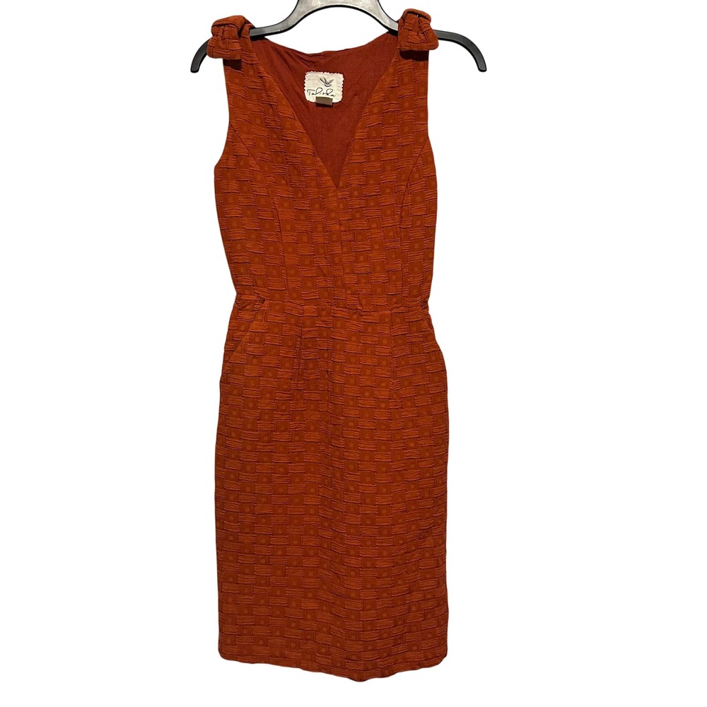 Anthropologie Tabitha Burnt Orange Basketweave Bow Shoulder V-Neck Dress Size 0